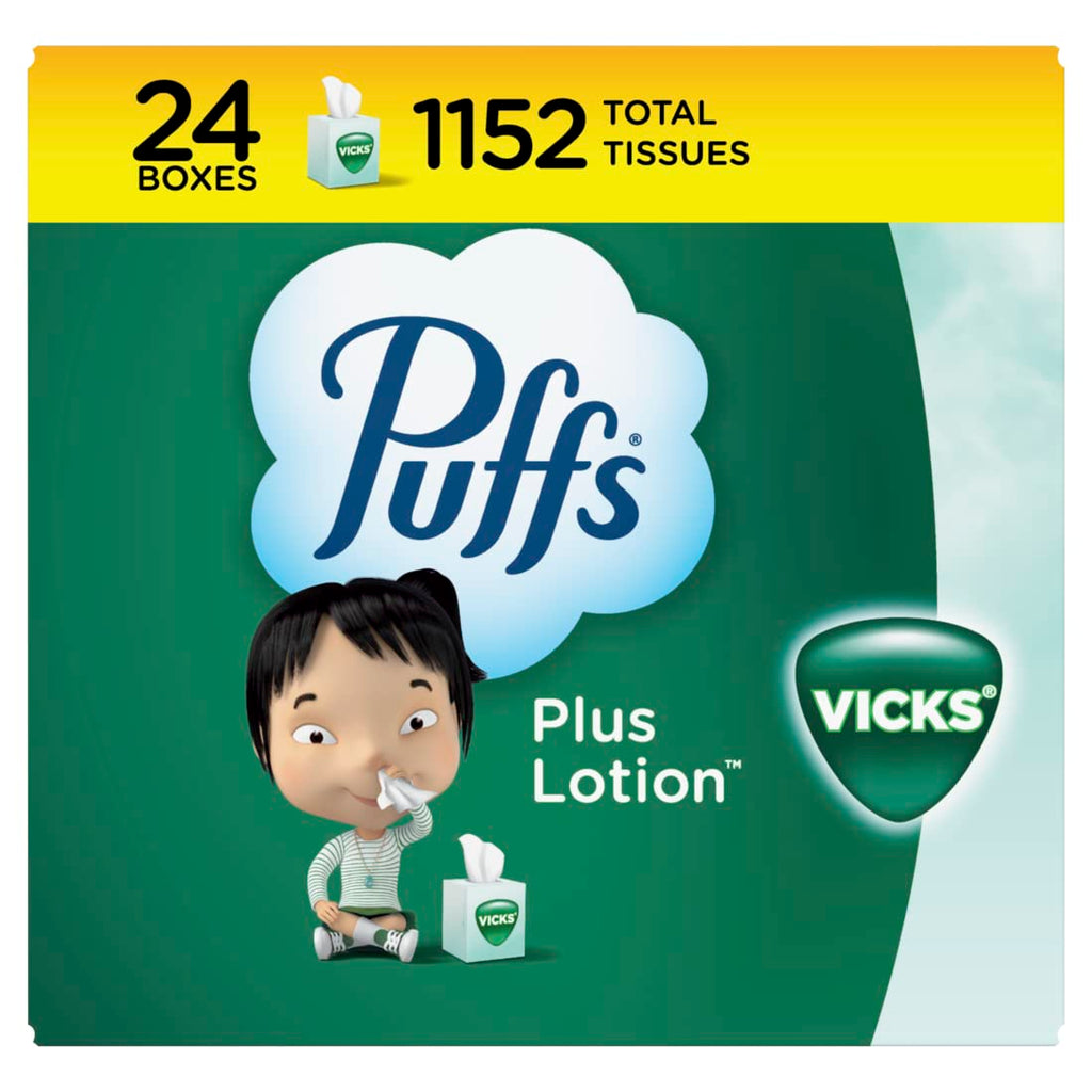 Puffs Plus Lotion with Vicks Facial Tissues, 4 Cubes, 48 Tissues per Box (192 Tissues)