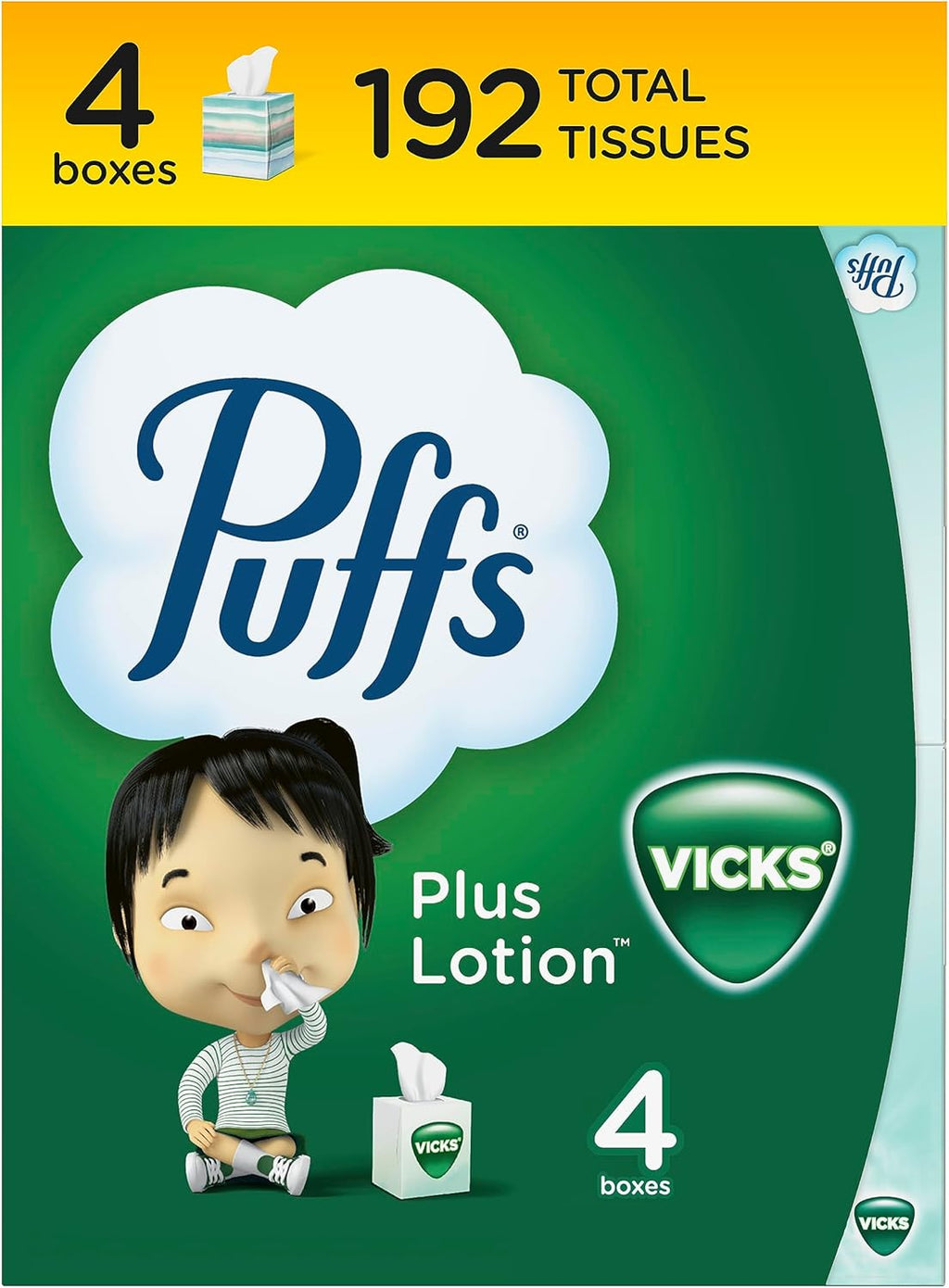 Puffs Plus Lotion with Vicks Facial Tissues, 4 Cubes, 48 Tissues per Box (192 Tissues)