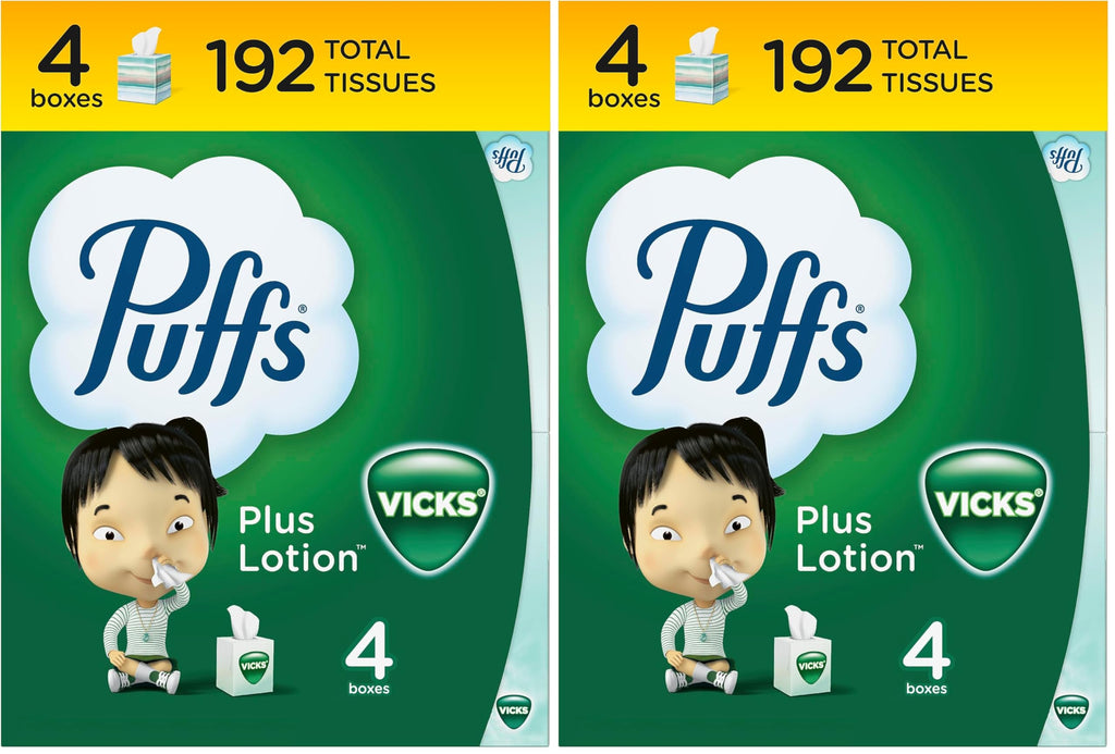 Puffs Plus Lotion with Vicks Facial Tissues, 4 Cubes, 48 Tissues per Box (192 Tissues)