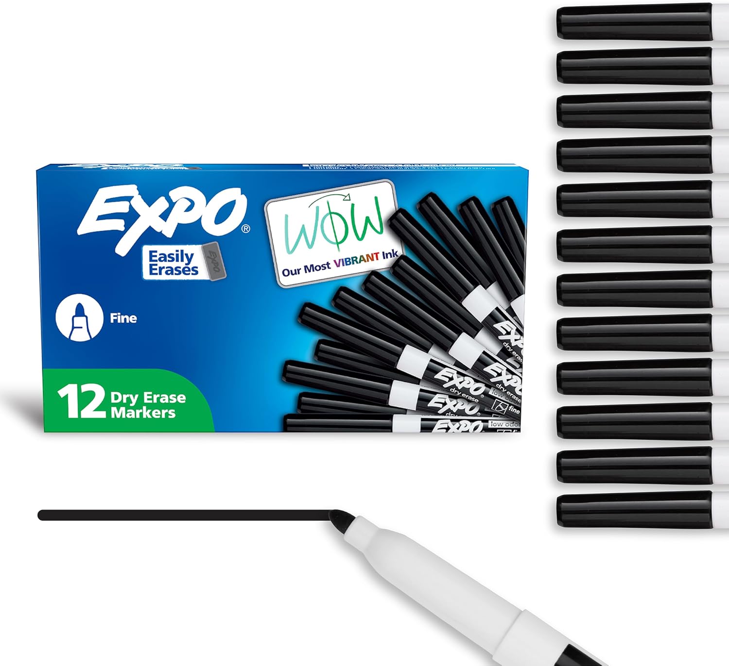 EXPO Dry Erase Markers, Low Odor Ink, Black, Fine Tip, 12 Count - Whiteboard, Calendar, Organization, Essential Supplies for Office, School, Classroom, Teachers