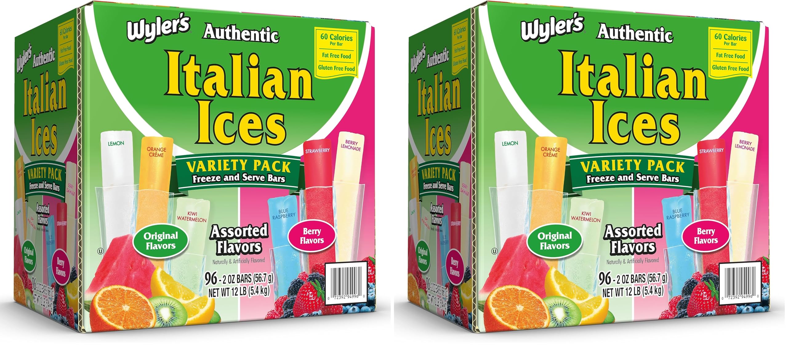 Wyler's Authentic Italian Ice, Fat Free Freezer Bars, Assorted Flavors (96ct - 2oz bars)