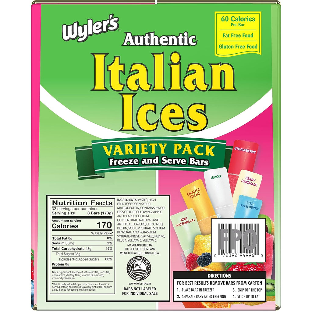 Wyler's Authentic Italian Ice, Fat Free Freezer Bars, Assorted Flavors (96ct - 2oz bars)