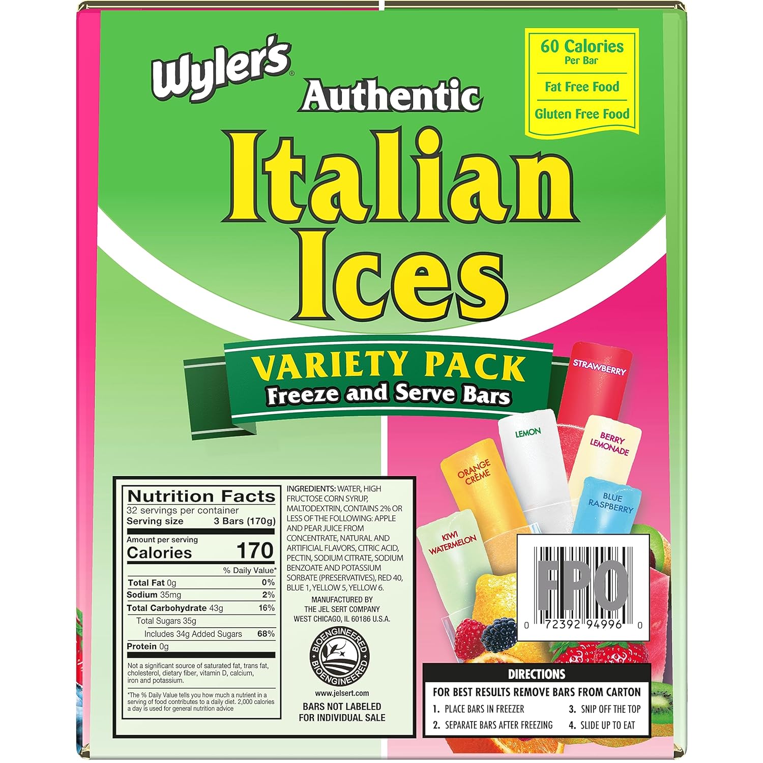 Wyler's Authentic Italian Ice, Fat Free Freezer Bars, Assorted Flavors (96ct - 2oz bars)