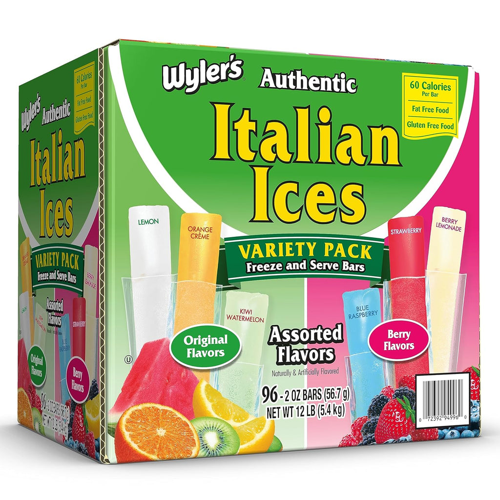 Wyler's Authentic Italian Ice, Fat Free Freezer Bars, Assorted Flavors (96ct - 2oz bars)
