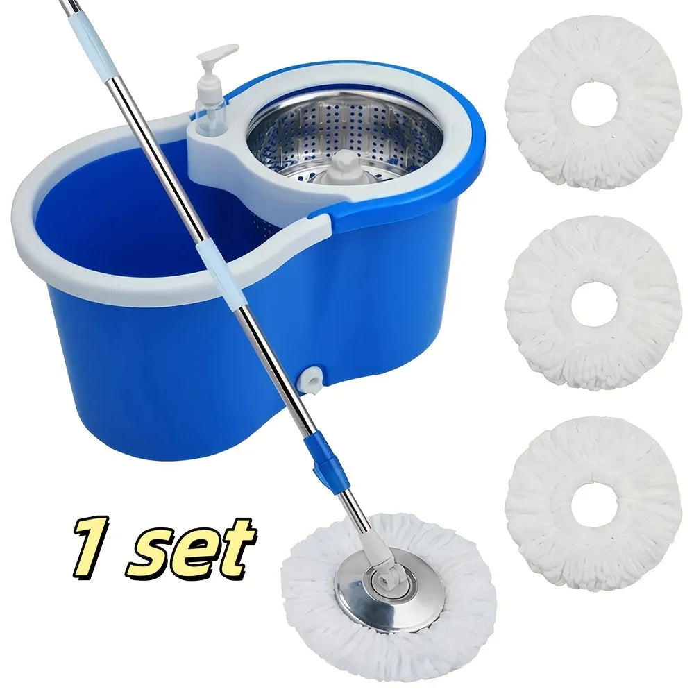 360° Spin Mop Bucket Sets with Wring System in 3 Microfiber Heads, Stainless Steel Basket 61" Extended Handle Floor Cleaning
