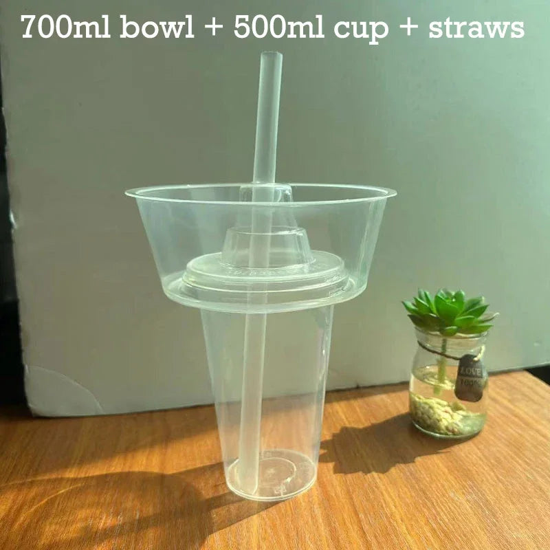 500/700ml Refrigerateable Drink Snack Cup Bowl Clear Bubble Milk Tea Fruit Portable Cups With Lid Heat Resistant To 100°