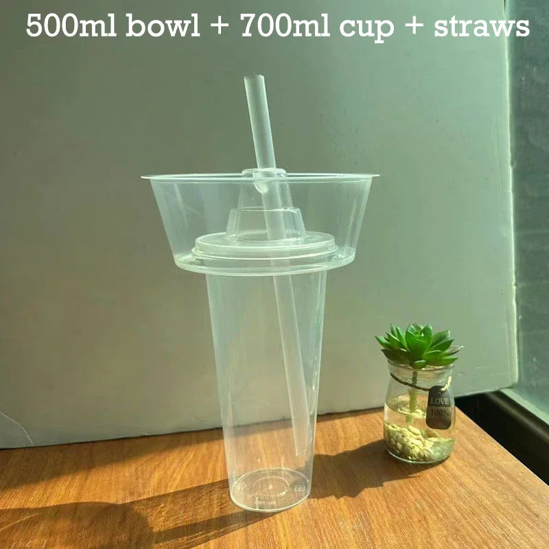 500/700ml Refrigerateable Drink Snack Cup Bowl Clear Bubble Milk Tea Fruit Portable Cups With Lid Heat Resistant To 100°