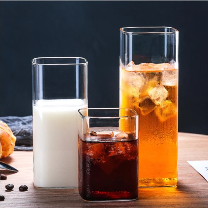 Square Simple Glass Cup Clear Cold Drink Juice Milk Glass Red Wine Beer Glass Coffee Cup Water Cup Drinking Utensils