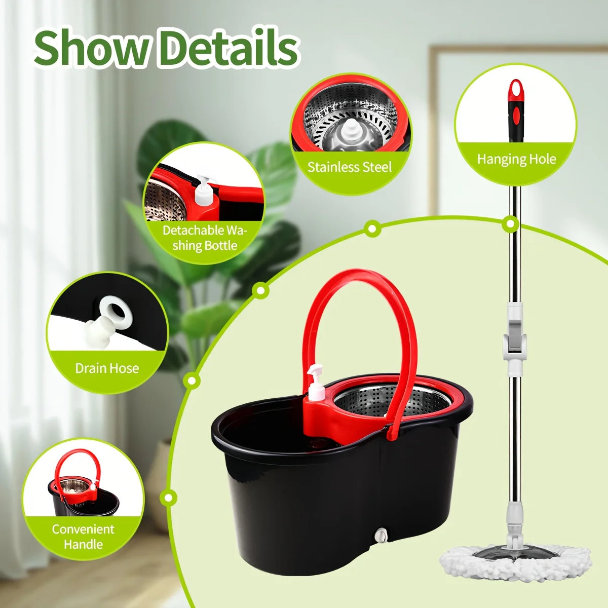 360° Spin Mop Bucket Sets with Wring System in 3 Microfiber Heads, Stainless Steel Basket 61" Extended Handle Floor Cleaning