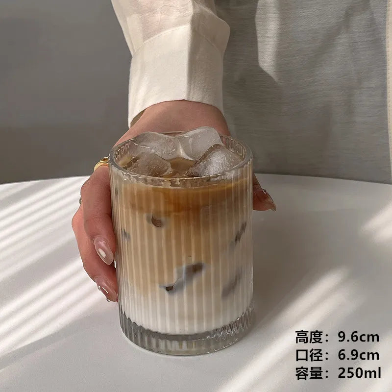 Simple striped glass cup Americano coffee cup juice cup cold drink cup milk breakfast cup suitable for coffee shop hotel party